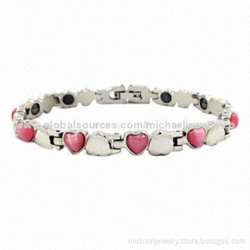 Magnetic Stainless Steel Bracelets with Bio-healthy Elements and 10pcs of Pink Opals